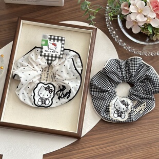 正版 慵懒风波点大肠圈少女格纹低马尾头绳刺绣扎发皮筋 凯蒂猫法式