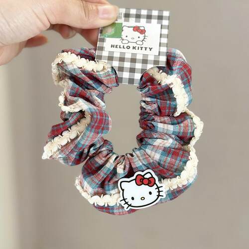 凯蒂猫头饰布艺红色格子大肠发圈