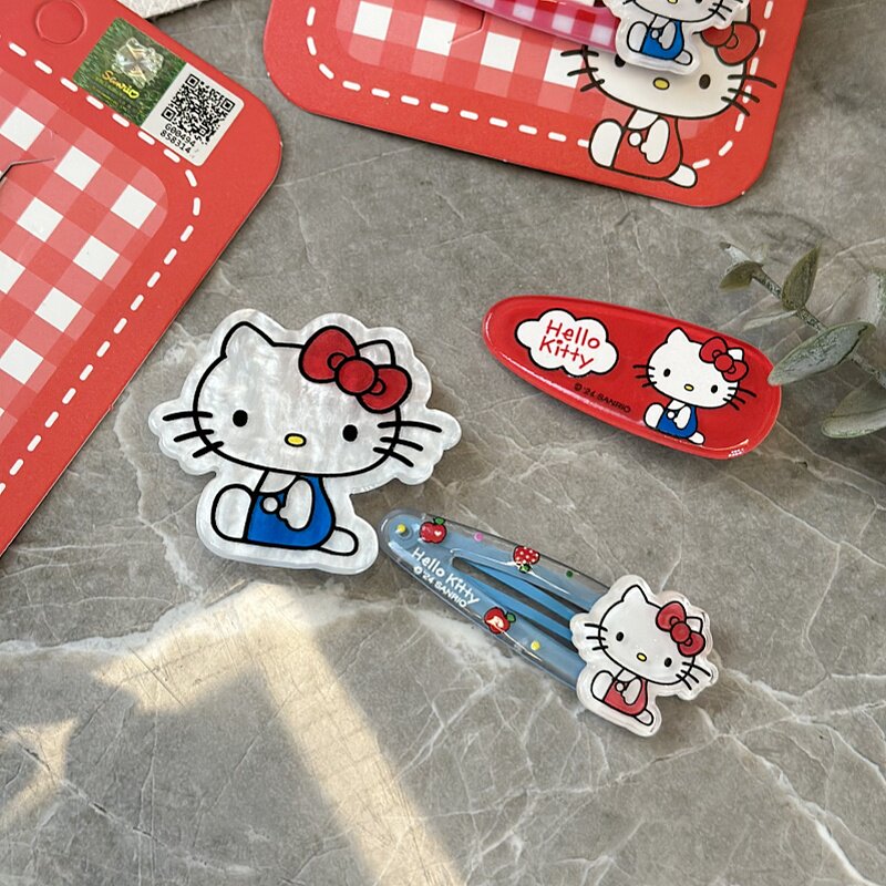 红色格子KT猫可爱卡通少女心发夹图片