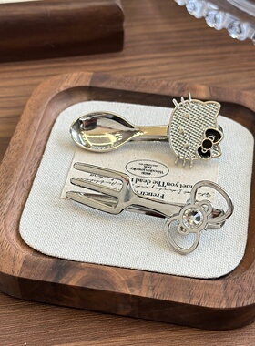 日系hello kitty个性金属叉勺发夹女小众设计凯蒂猫刘海碎发边夹