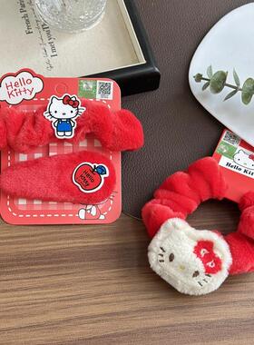 秋冬喜庆红色毛绒发圈大肠圈Hellokitty发饰凯蒂猫少女不伤发头绳