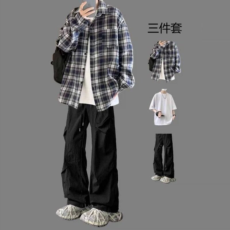 秋季长袖衬衫男潮牌青少年痞帅风格子衬衣男生穿搭高级感休闲套装