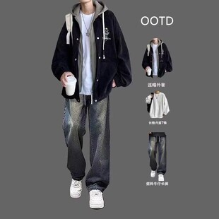 春秋季青少年外套男生套装潮流帅气男装棒球服夹克搭配时髦牛仔裤