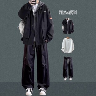 假两件工装连帽夹克套装春秋季男生酷帅穿搭外套青少年学生痞帅气