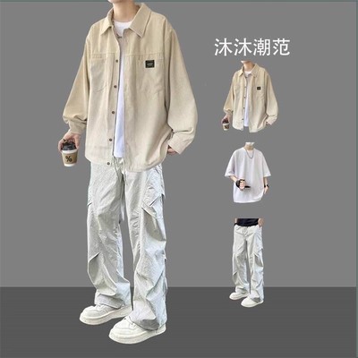 春秋季男士灯芯绒长袖衬衫三件套