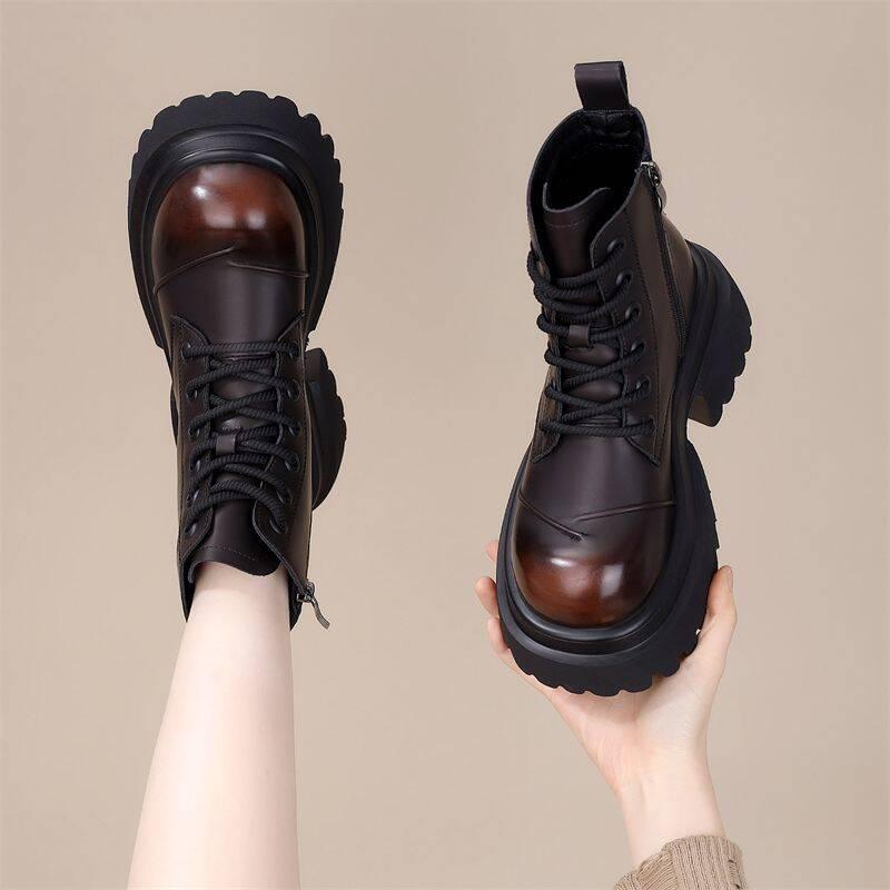 马丁靴女2025年新款秋冬英伦风厚底增高短靴子百搭复古棕色机车靴