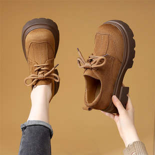 网红爆款英伦风绒布面棕色厚底系带马丁靴女冬季保暖增高百搭短靴