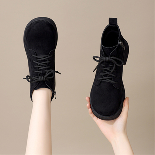 绒布面平底马丁靴女2025年秋冬新款时尚百搭显瘦系带单靴加绒棉靴