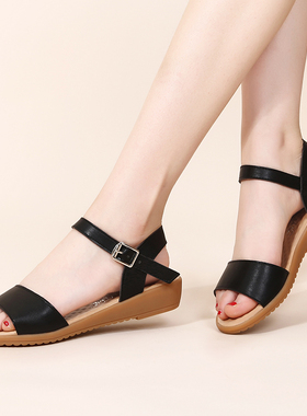 牛筋底凉鞋女夏季平底小码32防滑软底33中年妈妈真皮女鞋41大码43