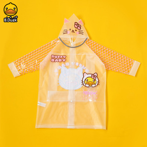 B.Duck小黄鸭儿童雨衣幼儿柔软透明小猫小学生可爱书包位雨披女孩