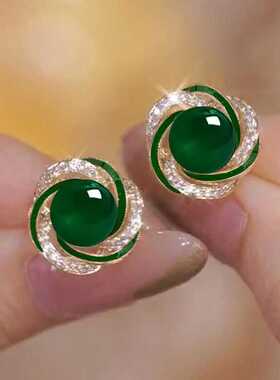 2025新款绿色猫眼石耳钉精致小巧s925银针耳饰高级优雅气质耳环女
