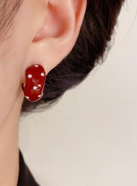 秋冬新款s925银针安可拉红色波点C形耳钉气质时尚简约百搭耳环女