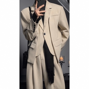 高级感不规则假两件设计款西装套装痞帅潮流西服休闲长裤两件套潮