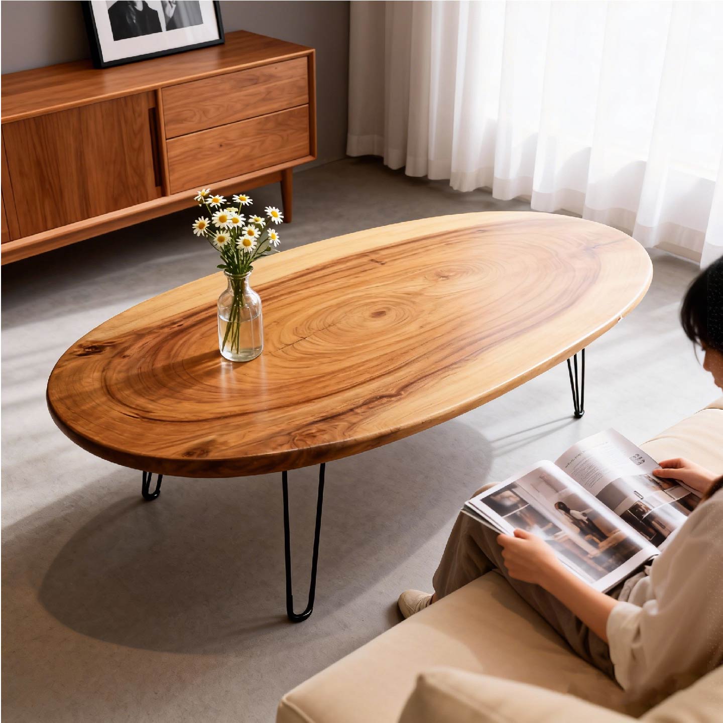 侘寂风实木榻榻米茶桌圆形原木茶几民宿客厅整木年轮纹小茶台边几