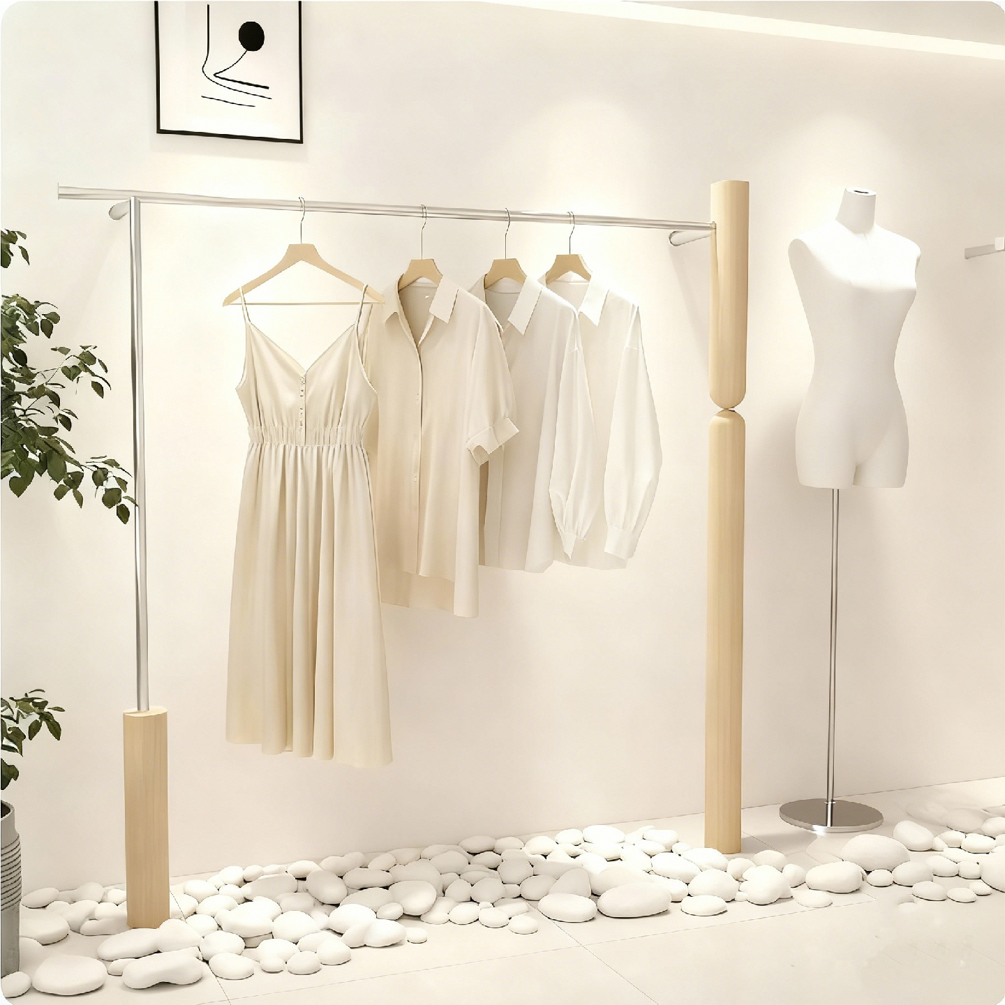 服装店陈列展示架时尚新收纳中古风女装店不锈钢原木色上墙挂衣架