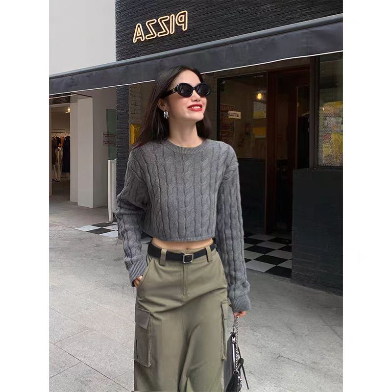 秋冬高腰短款扭花羊绒衫韩版露脐宽松圆领套头毛衣外穿上衣灰色厚