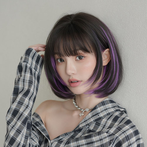 日韩短直发伪娘变装用品紫色挑染整顶全头套女装大佬cos仿真假发