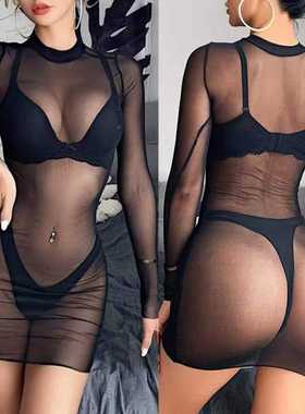 200斤大码欧美性感伪娘变装透明内衣黑色长袖女装大佬包臀连体衣