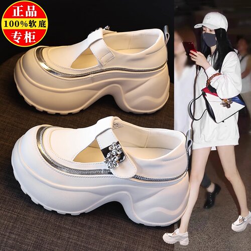 品牌清仓真皮厚底单鞋女2025新款松糕增高镂空玛丽珍鞋休闲乐福鞋