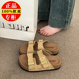品牌真皮厚底勃肯一字拖鞋女夏外穿2025新款不累脚防滑沙滩凉拖鞋