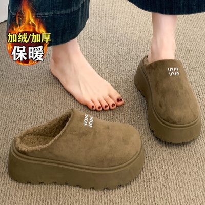 品牌真皮半拖勃肯鞋女2025新款冬季厚底外穿包头拖加绒雪地靴棉鞋