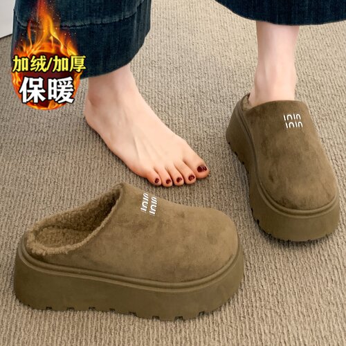 品牌真皮半拖勃肯鞋女2025新款冬季厚底外穿包头拖加绒雪地靴棉鞋