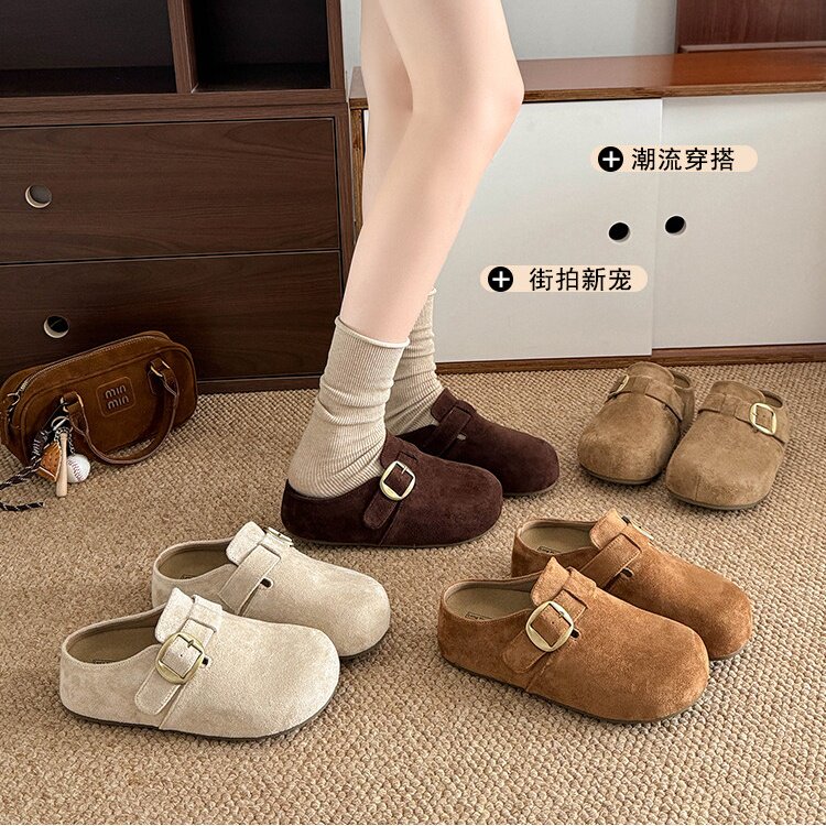 品牌真皮厚底内增高半拖勃肯鞋女鞋2026春季新款一脚蹬外穿包头拖