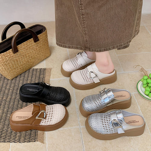 品牌真皮厚底增高包头半拖鞋女夏外穿2026新款网面镂空勃肯鞋凉拖