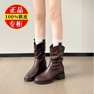 品牌真皮美拉德短靴女2025新款粗跟英伦风骑士靴百搭加绒马丁靴子