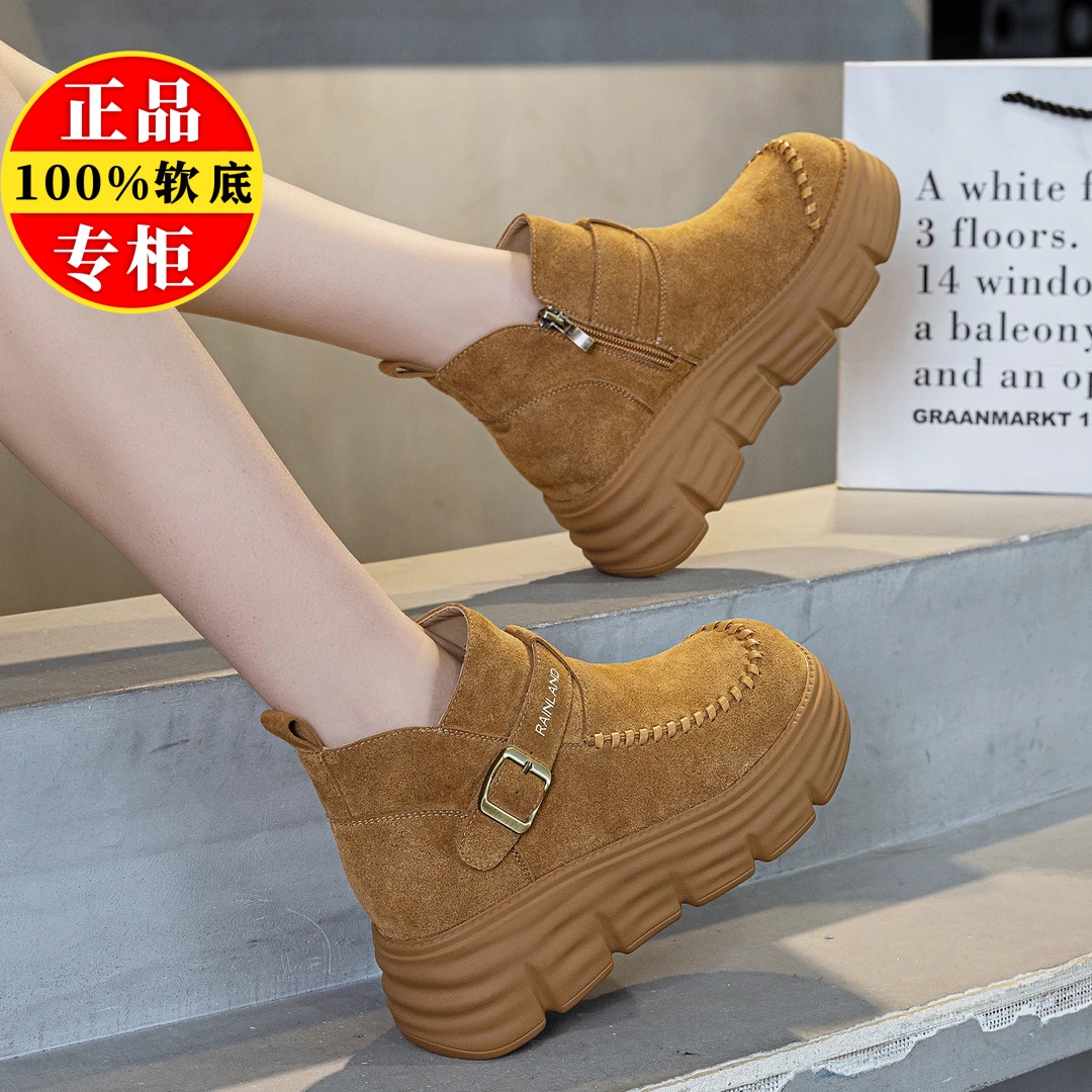 品牌真皮厚底马丁靴女2025新款复古增高勃肯短靴加绒雪地靴子棉鞋