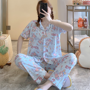 纯棉东南亚外贸甜美学生可外穿家居服套装 睡衣女夏季 长裤 短袖 开衫