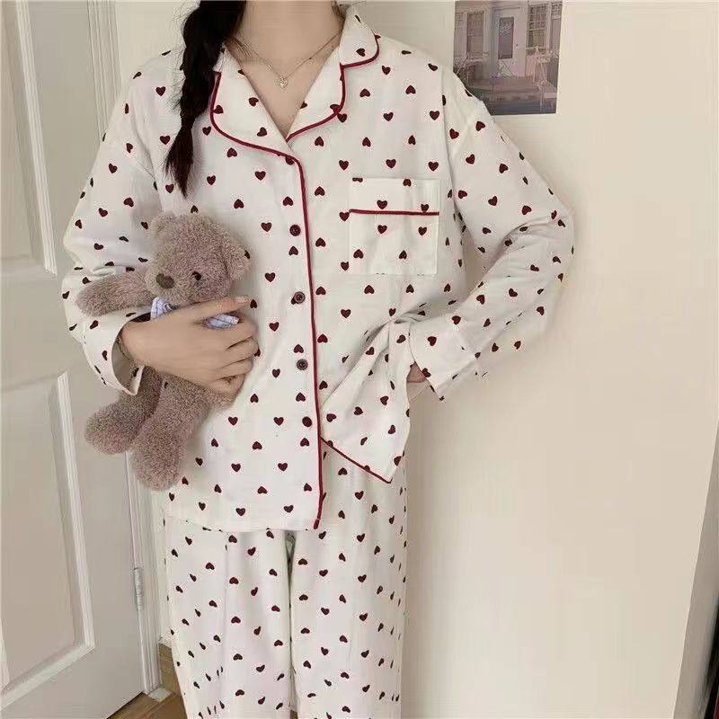 少女睡衣纯棉长袖套装ins品质出口可外穿翻领宽松秋冬爱心家居服