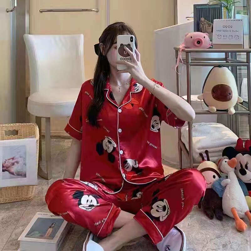 潮牌女士冰丝开衫睡衣短袖可外穿