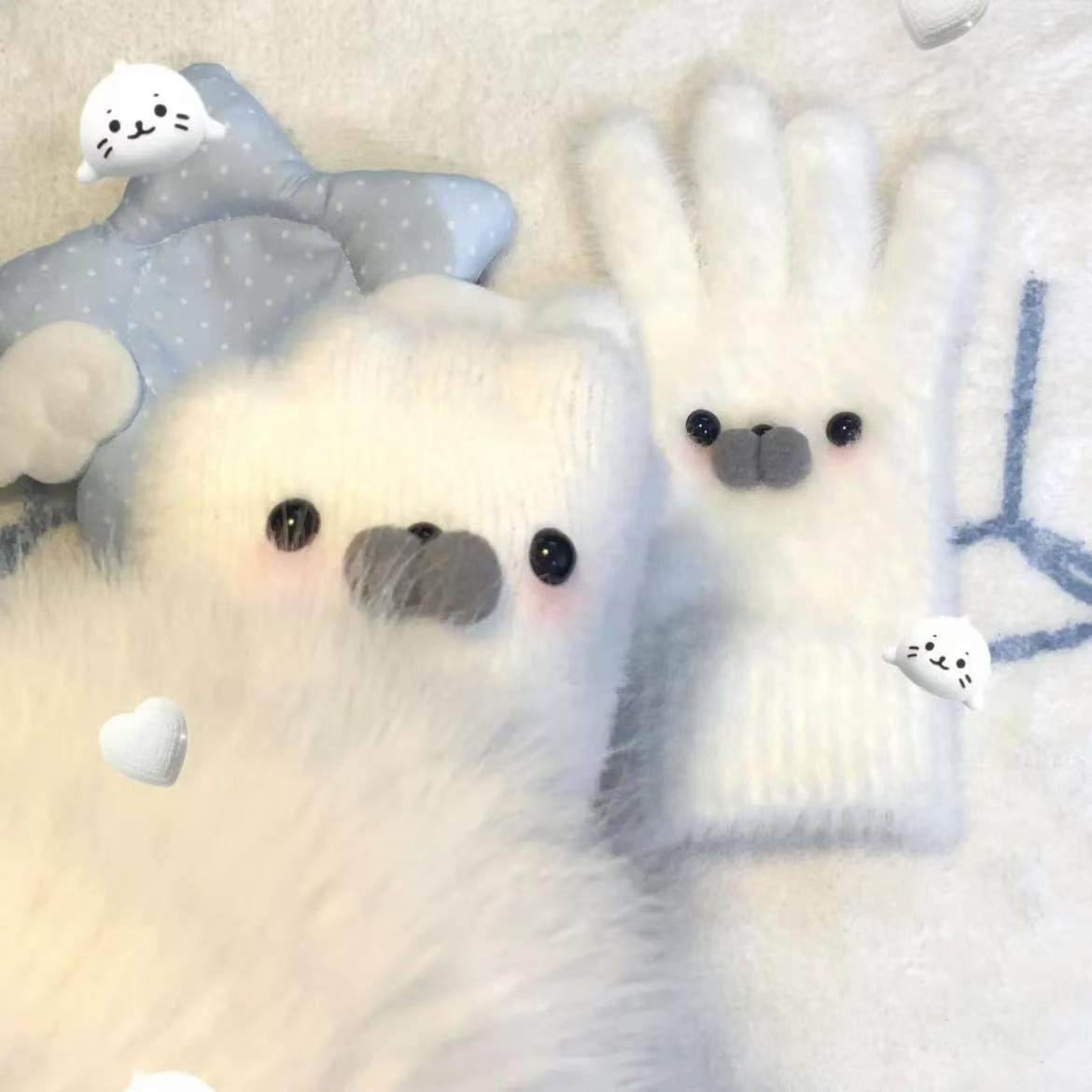 小红书同款雪人手套高颜值毛绒保防风抗寒暖仿兔毛全包分指手套