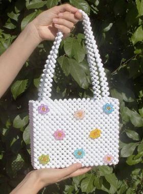 A嗯宙新款 ins串珠包彩色小花朵泫雅风白色手提包单肩包