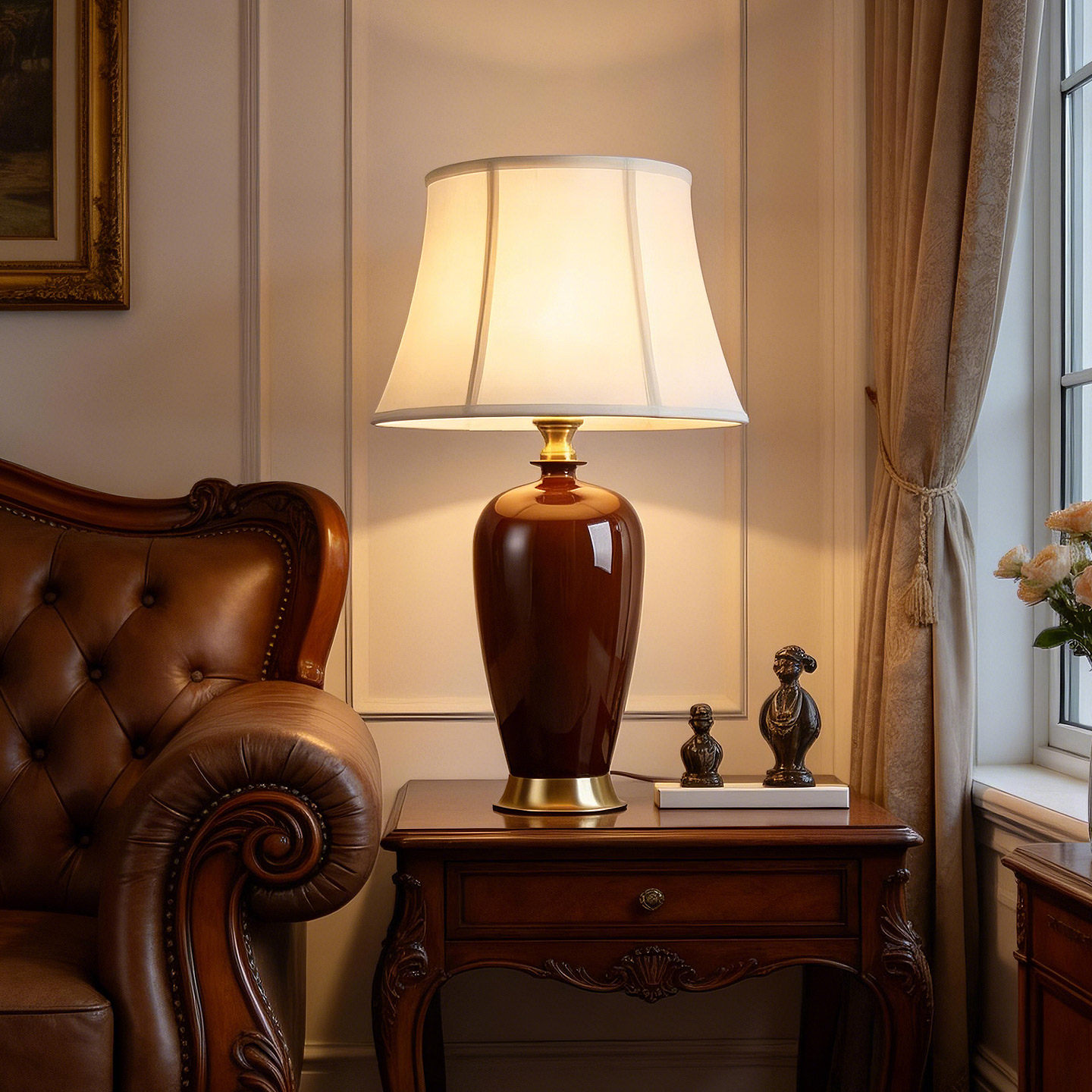 美式高档轻奢客厅陶瓷装饰台灯温馨卧室床头可调光全铜灯设计师灯