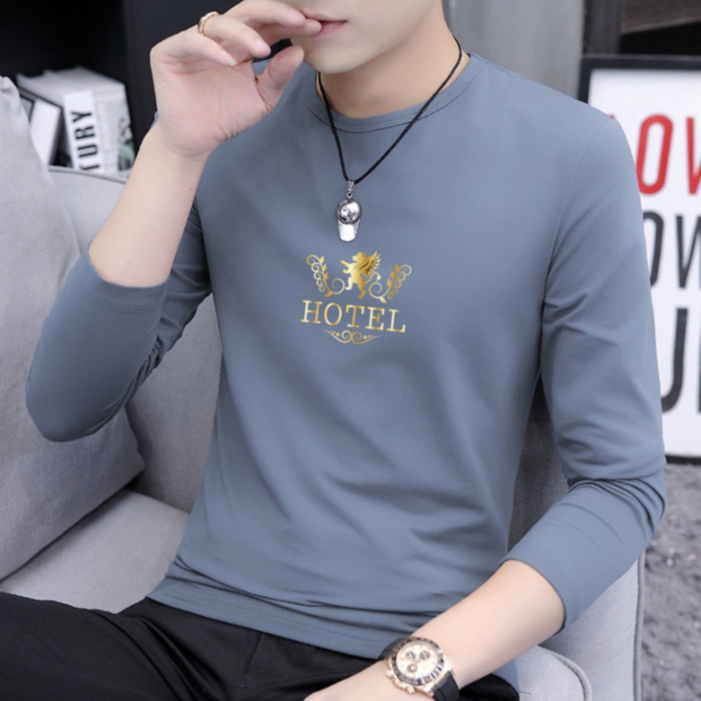 高档春秋款长袖T恤男士纯棉秋装潮流百搭修身T恤薄款印花内衫男式