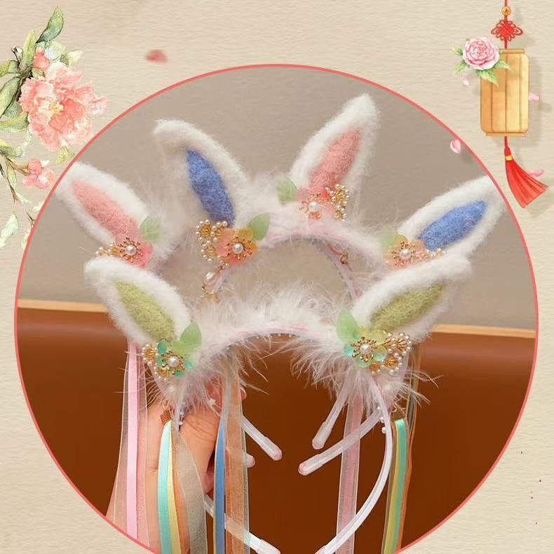 羽毛流苏立体兔耳朵发夹超仙古风花朵对夹女儿童秋冬毛绒汉服头饰