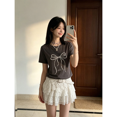 BERUN 韩系圆领蝴蝶结珍珠短袖T恤女夏季设计感宽松时尚百搭上衣