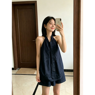 BERUN 美式复古辣妹风牛仔挂脖飘带无袖背心女高腰阔腿短裤两件套