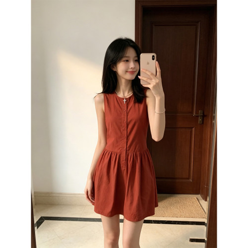 BERUN 红色无袖背心连衣裙女装夏季小众宽松显瘦休闲短款A字裙子