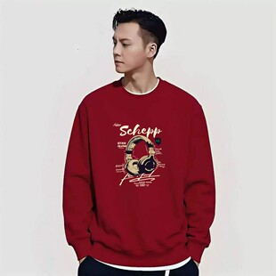 美式复古红色卫衣男秋冬余文乐同款耳机印花圆领套头休闲长袖上衣