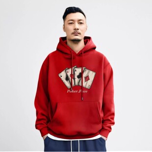 香港潮牌余文乐连帽卫衣男女秋冬季创意扑克牌大红色加绒保暖上衣