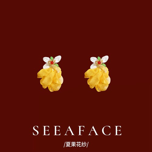 黄花布艺纱花夸张耳钉度假风