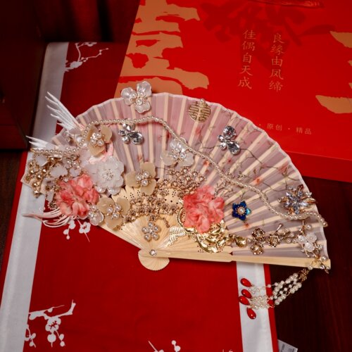 折扇新娘婚礼扇子新中式结婚团扇晨袍永生花花束蝴蝶兰旗袍手捧花