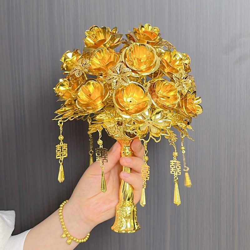 黄金色手捧花结婚diy礼物高级手工新婚闺蜜新娘秀禾团扇中式婚礼