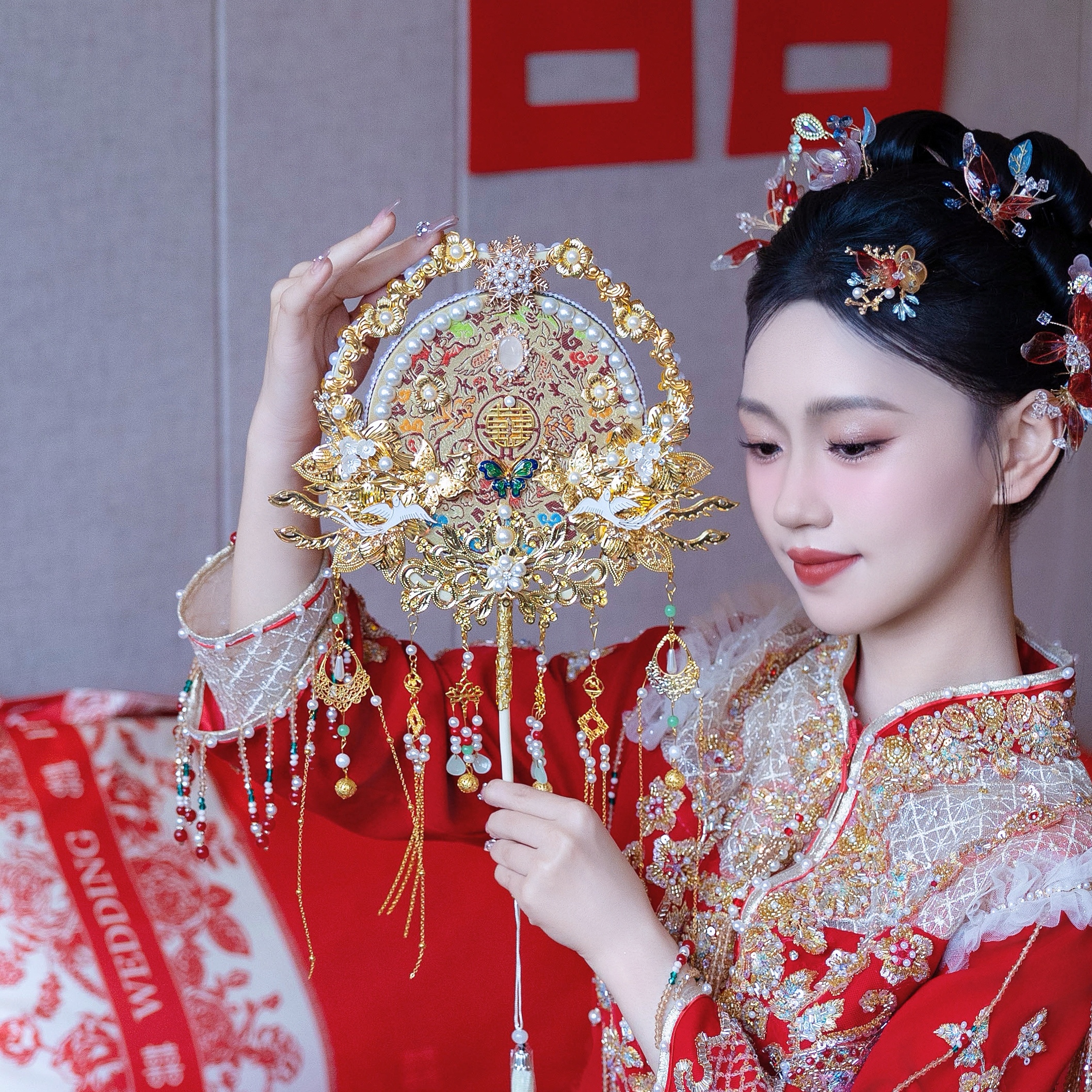 团扇新娘结婚喜扇婚礼出嫁秀禾手工红色扇子双面重工diy材料成品
