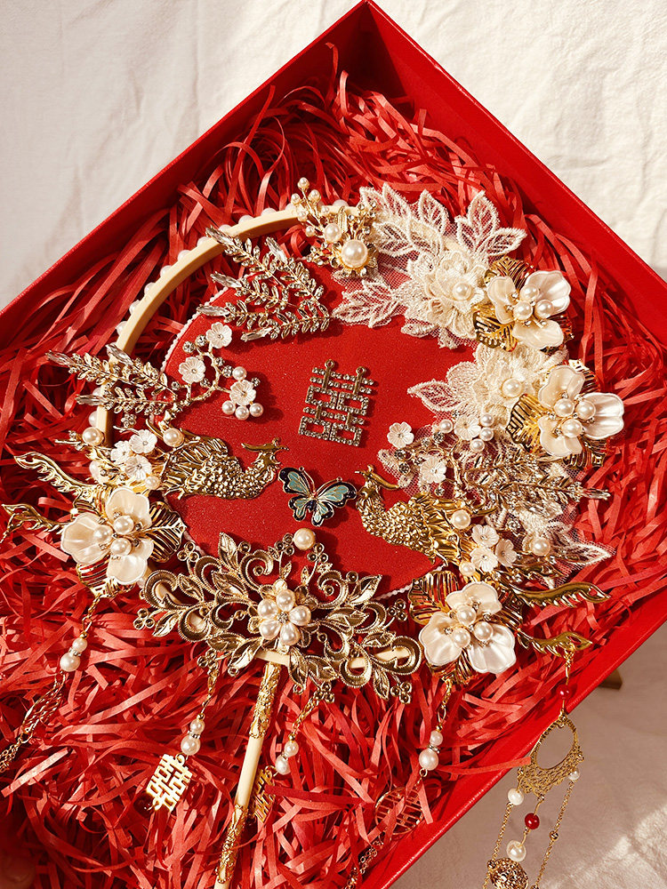 웨딩 그룹 팬 해피 팬 신부 중국 결혼식 레드 웨딩 사진 소품 DIY 재료 패키지 XIUHE 팬