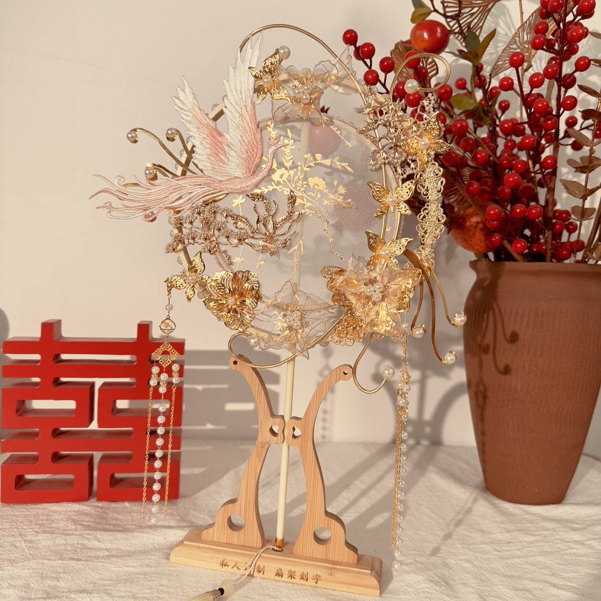 新娘结婚婚礼秀禾古风汉服婚扇新中式喜扇手工团扇diy材料包造花