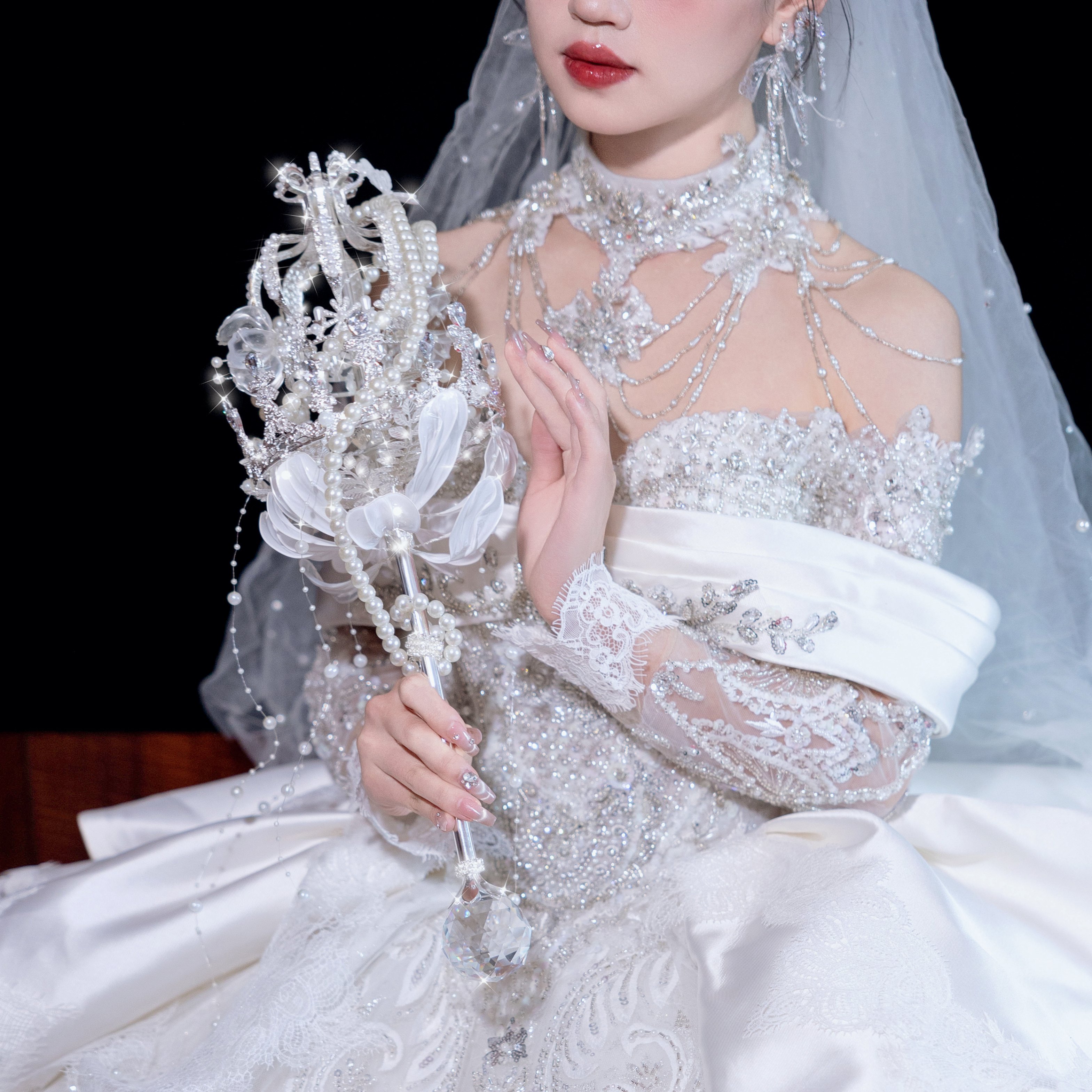 权杖手捧花新娘diy材料婚礼水晶婚纱高级成品公主重工新婚礼盒